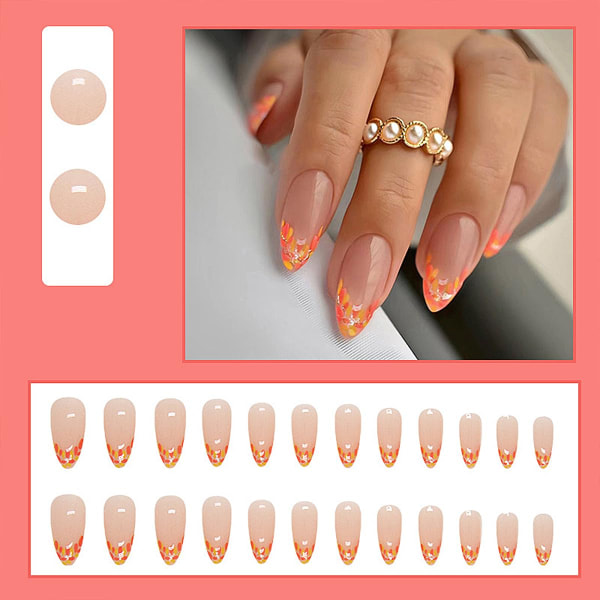 Vintermandelformad press på naglar Mediumrosa falska naglar med franska spetsar Glitter bladdesigner Stick on nails DIY Hemmasalong Manikyr Present 24 st.