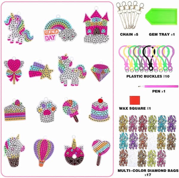 15 stk. diamantmaleri-kunstkits til børn, 5d diamantmaleri-nøgleringe-MXBC
