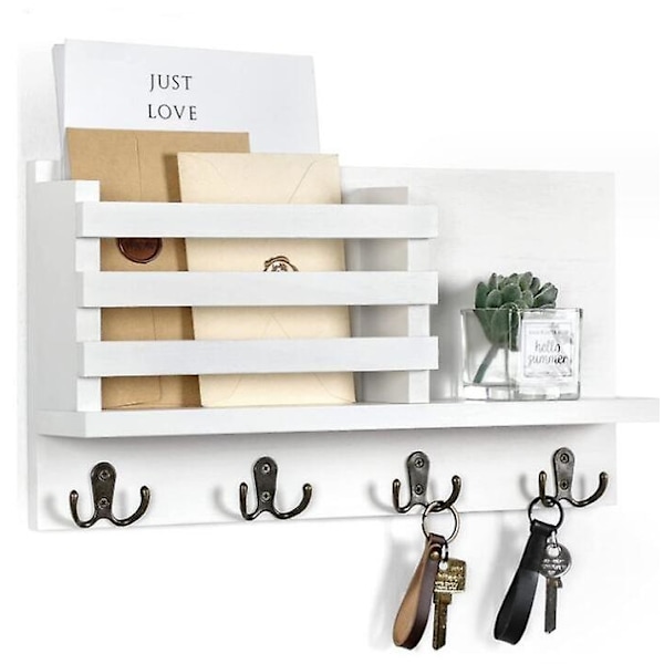 Key Holder for Wall with Shelf has Large Hooks white