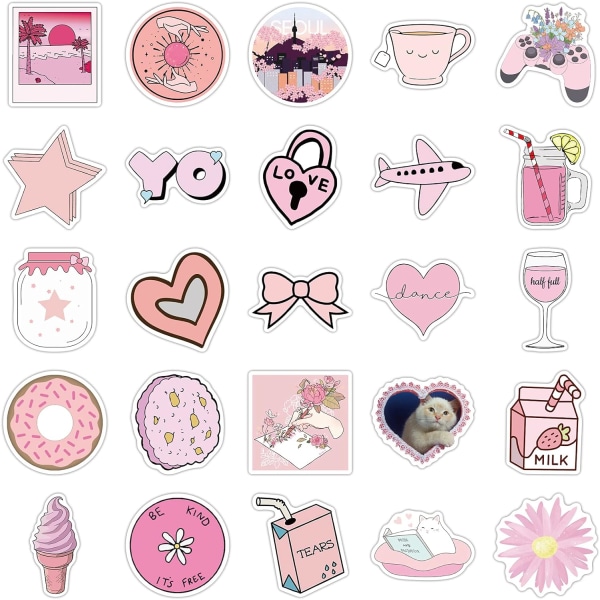 50 stk. Kawaii Pink Stickers - Søde æstetiske Pretty VSCO Grils Preppy Stickers til Vandflaske, Bærbar, Bagage, Computer