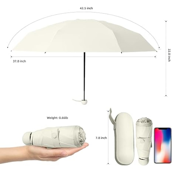 Mini sammenleggbar kompakt paraply med etui, 8 ribber lett bærbar paraply, liten sol- og regntaskeparaply for jenter og kvinner - kremhvit