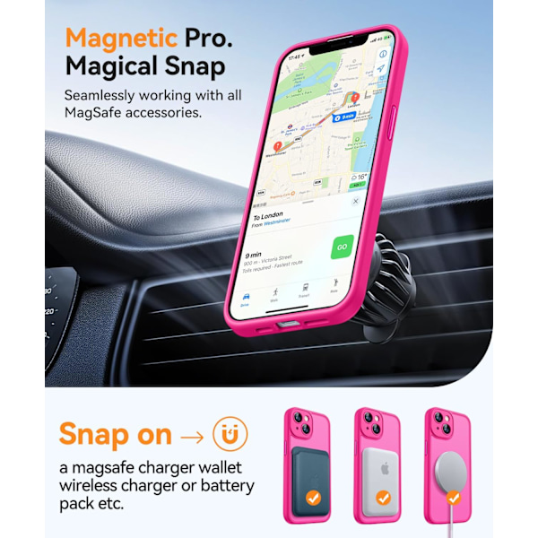 Magnetisk etui til iPhone 16 Pro Max med fuld kamerabeskyttelse [Kompatibel med Magsafe] [Gennemskinnelig mat] Beskyttende telefonetui, mat sort Hot Pink iPhone 13