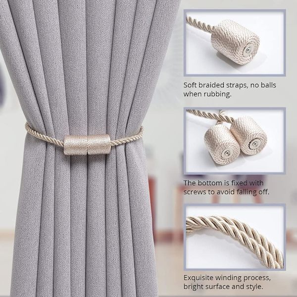 4 kappaletta 16 tuuman magneettiset verhotangot käsintehdyt punotut köydet kodin ja toimiston ikkunoiden verhoihin (beige)