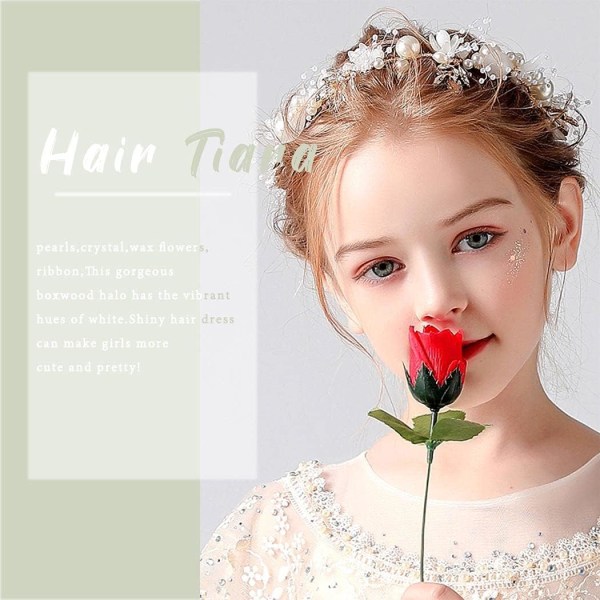Barnkrans, pannband, pannband, pärlkrona, flickprinsessa, huvudbonadsprestanda i koreansk stil, accessoarer för blompojkar, Mori-stil (vit)