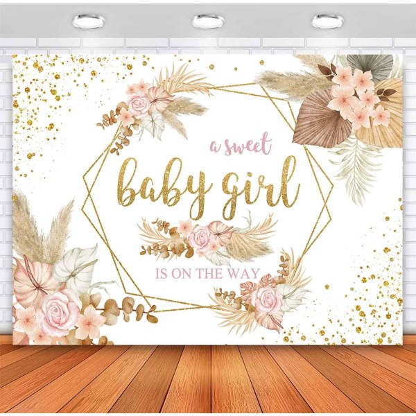 Boho Bohemian Floral Sweet Baby Girl Tausta 7x5ft Baby Shower Blush Pink Flower Pampas Grass Gold Dots Juhlan Koristeet Vastasyntyneen Tausta