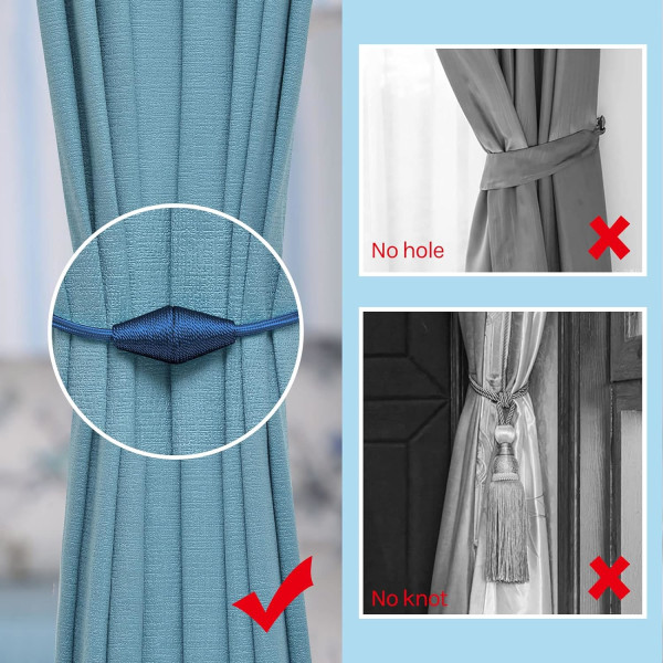 4 kappaleen magneettiset verhotangot, käsintehdyt punotut köydet, kätevät ja koristeelliset kotiin ja toimistoon (tummansininen)