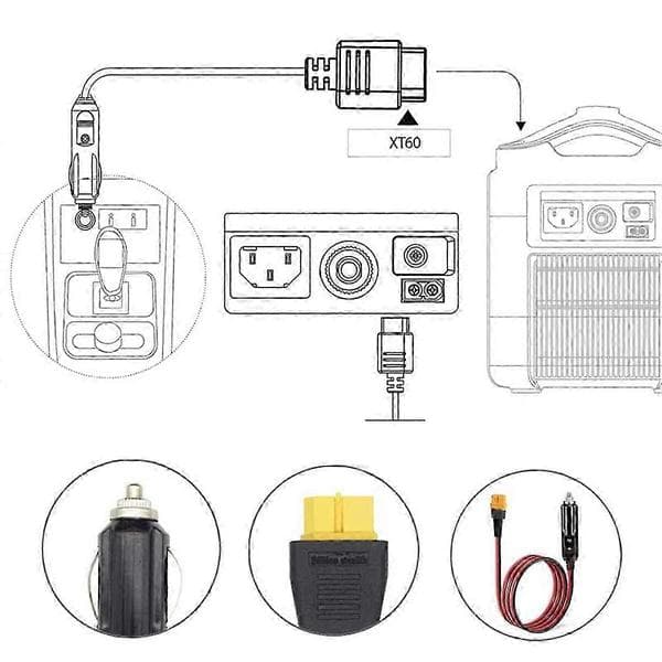 XT60 12V/24V cigarettænder ladekabel kompatibelt med ALLPOWERS S2000 Bluetti EB55 Anker 757/767