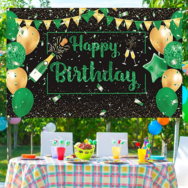Gröna och guldiga födelsedagsfestdekorationer Grönt Happy Birthday Bakgrund Banner Ballong Champagneglas Födelsedag Fotografering Bakgrund
