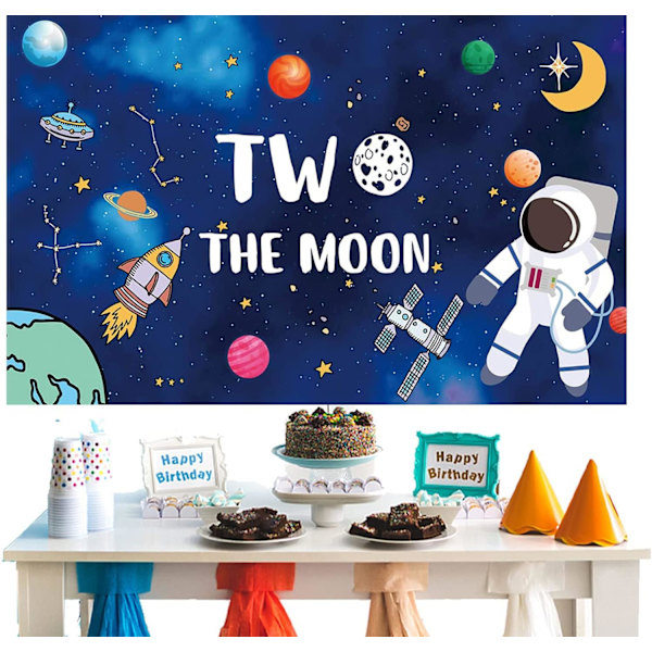 Två till månen födelsedagsbakgrund yttre rymdraket astronaut tema födelsedagsbakgrund pojke 2:a födelsedagsfest dekoration banner tillbehör