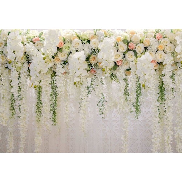 220x150cm Hvid Blomster Baggrund Gardin Blomster Bryllup Fest Baggrund Foto Baggrund til bryllupsreception Baby shower Fotoboks Rekvisitter Xt-6749