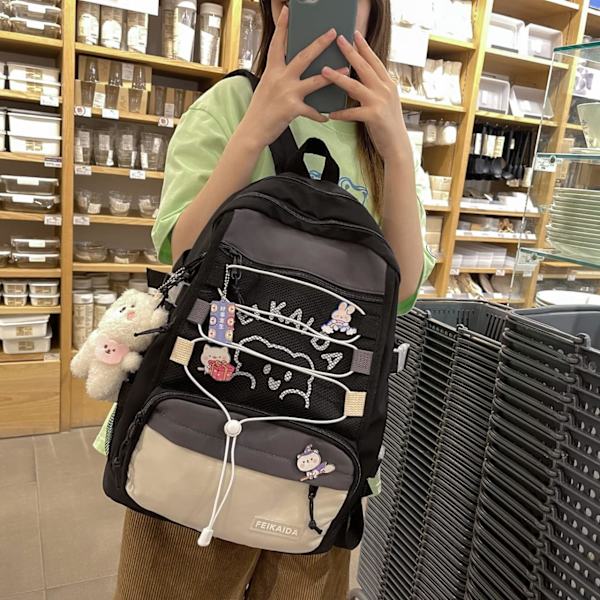 Japansk skolväska med söta Kawaii-ryggsäckar Estetisk ryggsäck Flickors ryggsäckar Åldrar 8-10＋(Svart)