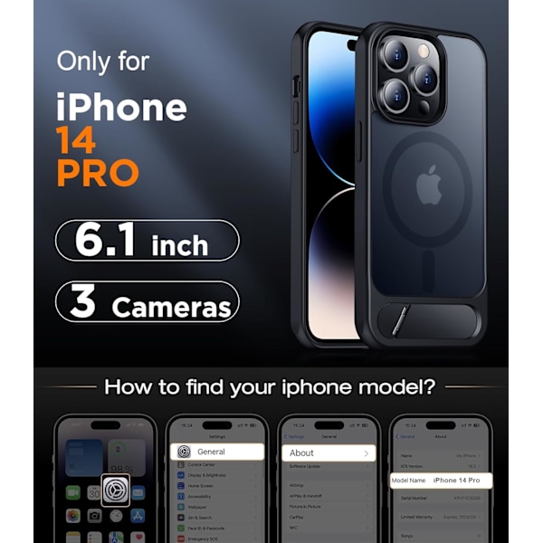Magneettinen iPhone 16 Pro Max -kotelo, [Sisäänrakennettu näkymätön jalusta][Yhteensopiva MagSafe-tekniikan kanssa] [Sotilastason iskunkestävä] Ohut läpikuultava Black iPhone 14 Pro