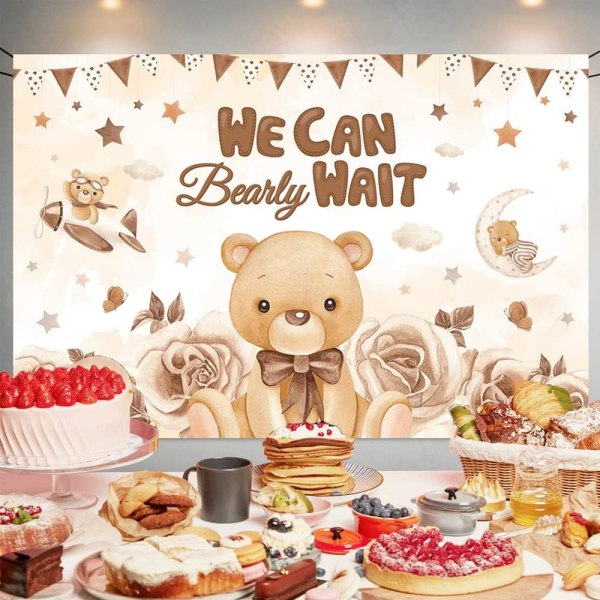 Ihana karhu, jota emme malta odottaa, tausta Teddy Bear Baby Shower -kakun pöytäkoriste banneri poika tyttö juhlat Baby Shower -koristeet banneritarvikkeet