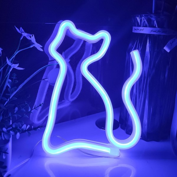 Katte Neon Skilt, USB eller 3-AA Batteridrevet Neon Lys, LED Lys Borddekorasjon, Jenters Soverom Veggdekor, Bursdagsgave til Barn (blå)