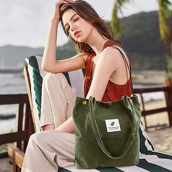 Kordväv Tote Bag för kvinnor Canvas Axelväska Kordsäck med innerficka