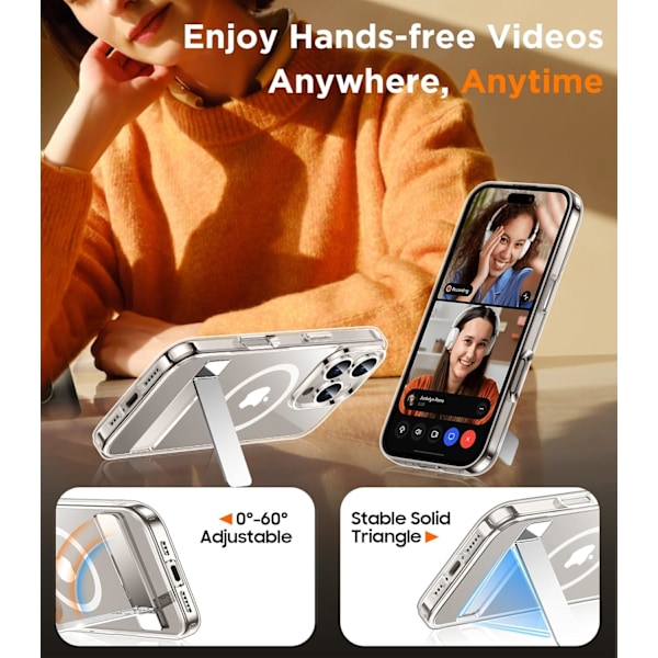 Magneettinen iPhone 16 Pro Max -kotelo, [Sisäänrakennettu näkymätön jalusta][Yhteensopiva MagSafe-tekniikan kanssa] [Sotilastason iskunkestävä] Ohut läpikuultava Clear-Stand for iPhone 16 Pro 6.3"
