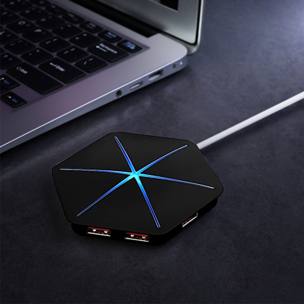 USB Hub Vertikal Data Hub med Langt Kabel - 6 Porte USB Forlængerkabel Ekstra USB Porte-Sort (blåt lys uden OTG-funktion)