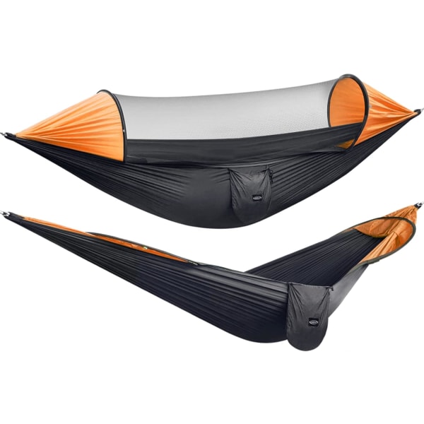 Stor campinghängmatta med myggnät, 2 lätta hängmatta, lämplig för backpacking utomhusvandring på bakgård-280*140cm svart med orange.
