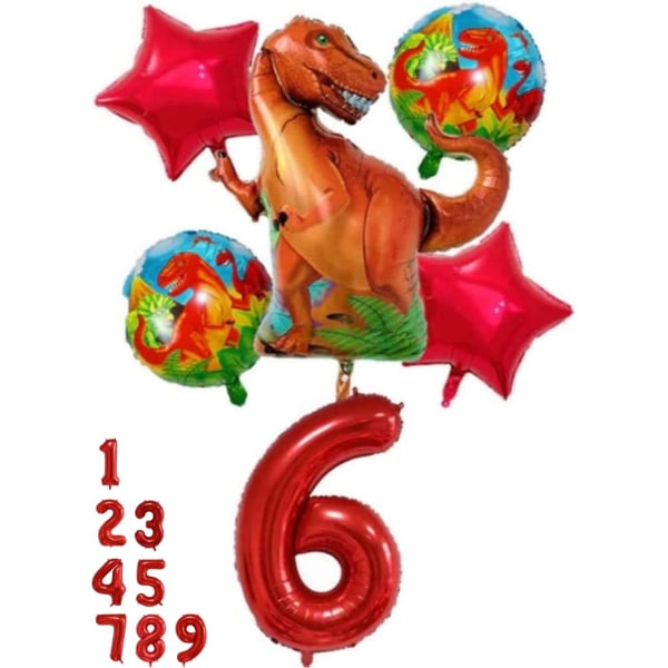 Set - nummer 6 ballongröd, dinosaurieballonger, dinosauriefödelsedagsdekorationer, dinosauriedekorationer 6-årsfest