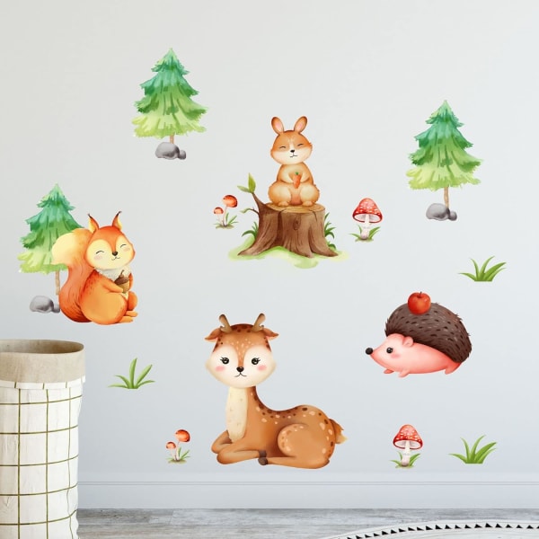 Akvarell Woodland Animals Friends Pine Tree Svamp väggdekaler, skogsräv, rådjur, igelkott, kanin väggdekor för barnrumsinredning