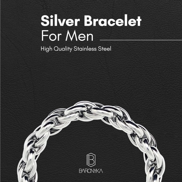 Handgjorda tjocka silverarmband för män, rostfritt stål, repkedjearmband för män, länkarmband för män (8,5, silverpläterade)