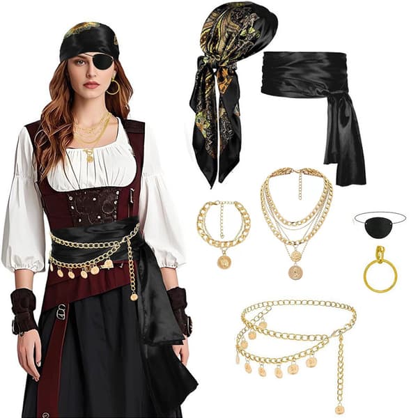 Halloween Pirat Cosplay Tilbehørssæt, Pandebånd, Bælte, Halskæde & Armbånd til Udklædning Sort (10-dele sæt)