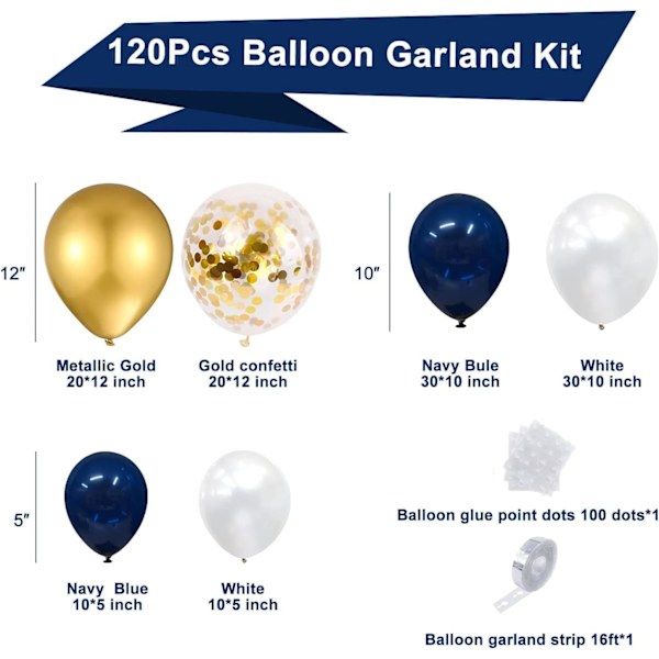Marineblå og guld ballonbue guirlande sæt - 120 stk marineblå og metallisk guld konfetti hvide latexballoner til festdekoration