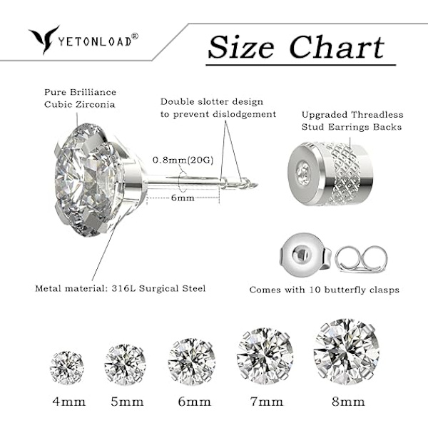 Dames Hypoallergeniske Ørestikker i Rustfrit Stål med Cubic Zirconia, CZ Ørestikker til Mænd 5 par 4-8mm
