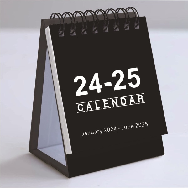 Januari 2024-juni 2025, enkel och kreativ engelsk mini skrivbordskalender kontor skrivbord hängande bärbar skrivbordskalender-svart.