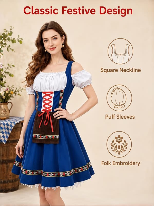Dirndl-kjole til kvinder, bayersk Oktoberfest-kostume til festival og karneval S S Blue