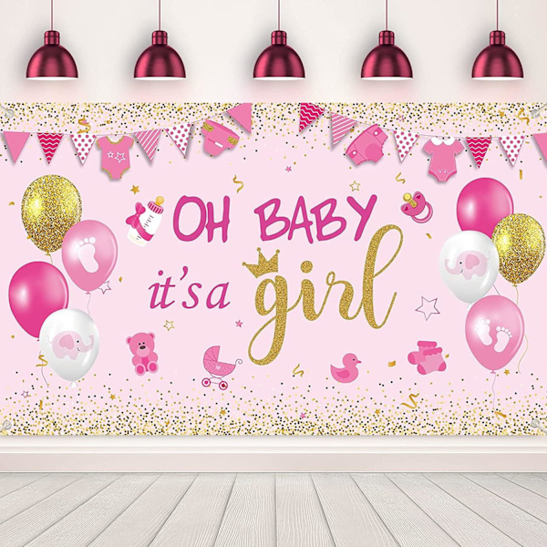 Vauvakutsujen juhlakoristeet Suurikokoinen Oh Baby It's A Girl Baby Shower Syntymäpäiväbanneri Tausta Valokuva Tausta Vaaleanpunainen Vauvakutsujen Juhlatarvikkeet