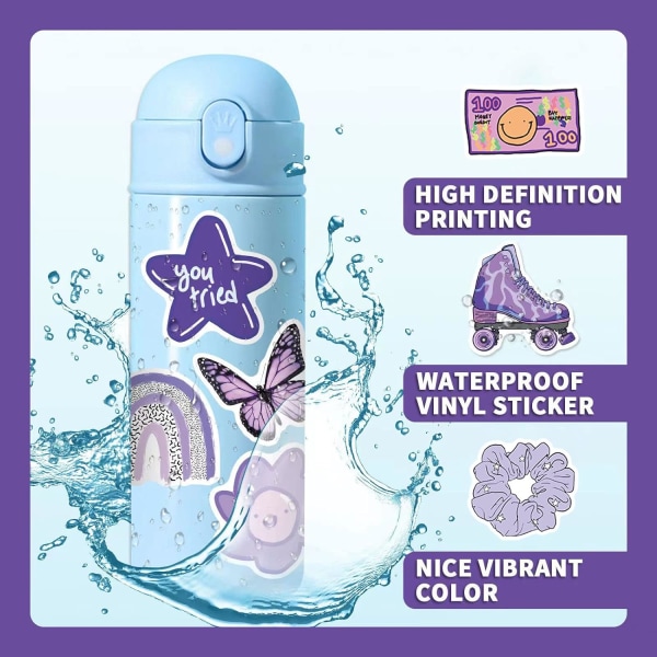 100 st Kawaii lila klistermärken för vattenflaskor, söta Vsco estetiska vinyl klistermärken Vattentät klistermärke, bärbara gitarr klistermärken (lila)