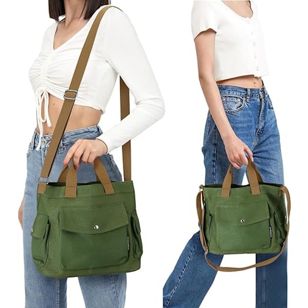 Canvas Tote Bag för kvinnor 14 tum Stor Crossbody Tote Bag med Multi Pockets Canvas Crossbody Bag Top Handle Axelväska Arbets Tote Bags
