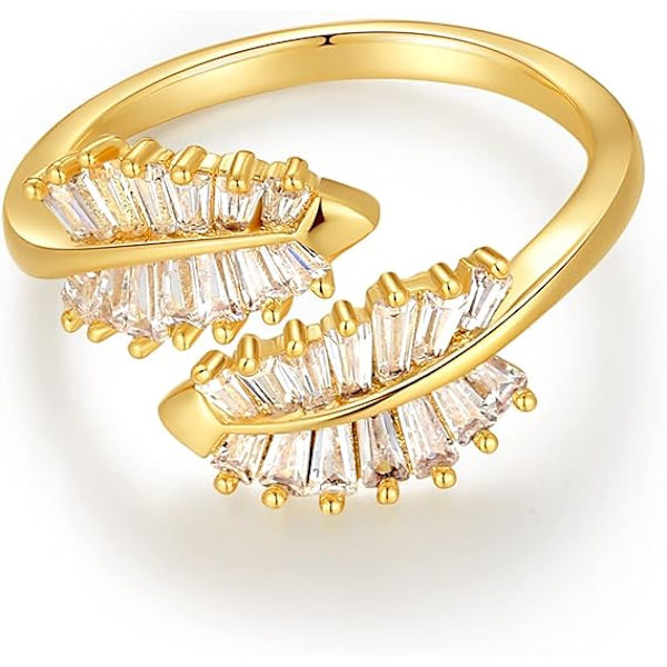 18K Guldpläterad CZ Öppen Ring Dubbla Blad Wrap Ringar Justerbar | CZ Staplingsring i Guld | Unik Statement Ring Cocktail Party Ring Hypoallergen