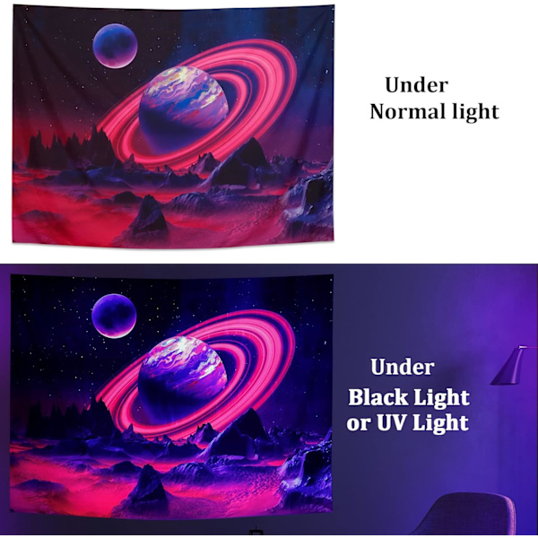 Blacklight Planet Tapestry UV Reactive Mountain Tapestry Galaxy Space Tapestry Starry Night Sky Tapestry Veggteppe for Hjemmedekorasjon(59.1\"x78.7\")