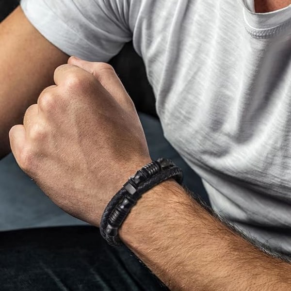 Herre Dobbelt-Række Flettet Læder Armbånd Bangle Armbånd med Rustfrit Stål Ornamenter（Sort-Sort）