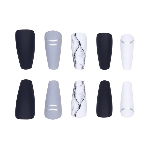 Marmorpress på naglar Akrylkista Fake Nails Cover Vit & Svart Design Matt False Nails Artificail Medellängd Enkla nagelspetsar, 24 st.