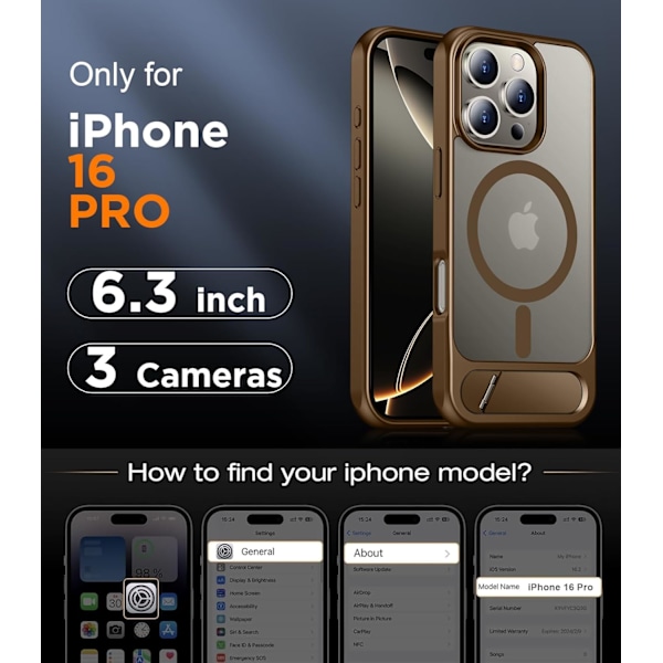 Magneettinen iPhone 16 Pro Max -kotelo, [Sisäänrakennettu näkymätön jalusta][Yhteensopiva MagSafe-tekniikan kanssa] [Sotilastason iskunkestävä] Ohut läpikuultava Desert Brown for iPhone 16 Pro 6.3"