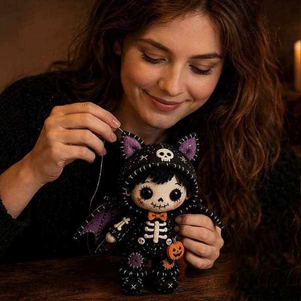 Halloween Patchwork Sæt - Skelet Heksedukke - Begyndervenligt Syprojekt