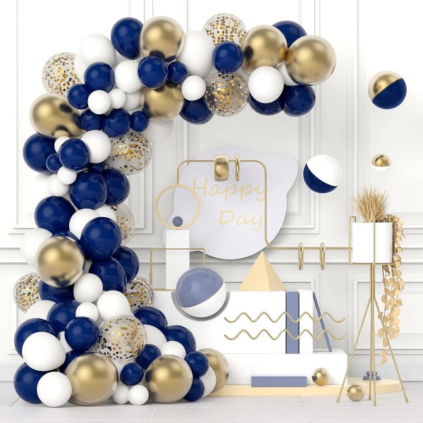 Marinblå guldballonger Garland Arch Kit - 120 st Marinblått och metalliskt guldkonfetti Vita latexballonger för festdekoration