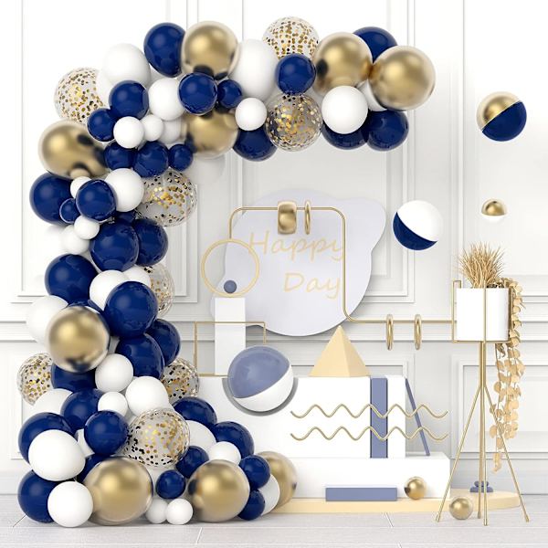 Marineblå og guld ballonbue guirlande sæt - 120 stk marineblå og metallisk guld konfetti hvide latexballoner til festdekoration