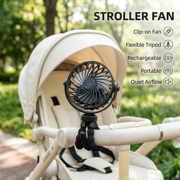 Bærbar fleksibel stativvognsventilator, USB genopladelig mini-blæksprutteventilator, ultra-stille, velegnet til bilsæder og rejser.