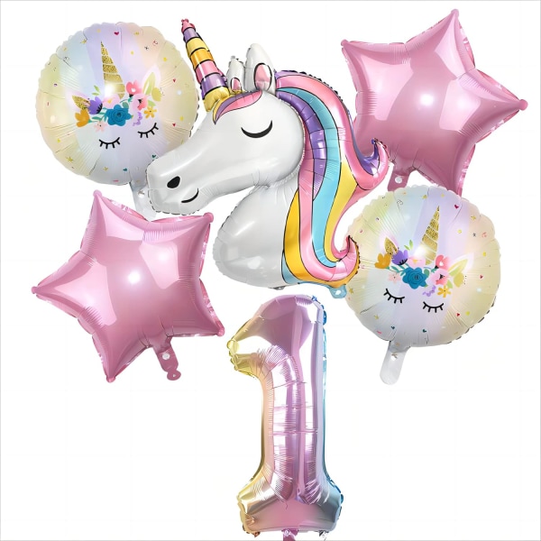 Unicorn Födelsedagsdekorationer, 6st Unicorn Ballonger 1:a födelsedag Unicorn Födelsedagsfest dekorationer Folieballonger för 1-års födelsedagsfest