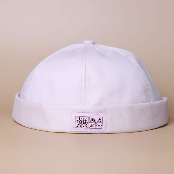 Cap Brimless Hat Beanie Rolled Cuff Retro Sailor Hat med justerbar（Hvid）