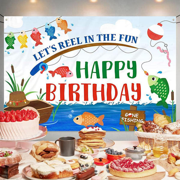 Gone Fishing Taustakuva Syntymäpäiväjuhlan Koristelu Let's Reel in The Fun Happy Birthday Banner Valokuvaustaustalle Syntymäpäiväkakun Pöytävarusteet