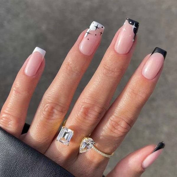 Fransk spets svart tryck på naglar Medium vit falska naglar fyrkantiga glänsande falska nagelspetsar konstgjorda fingermanikyr för kvinnor och flickor 24st