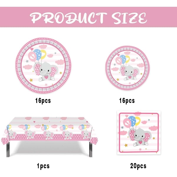 Söta rosa elefanttillbehör Elefanttema Baby Shower Bordsartiklar Set inklusive papperstallrikar, servetter och duk (rosa)