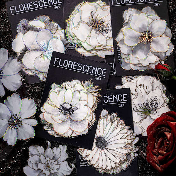 120 stk. sorte og hvide blomsterklistermærker, glitter  vandtæt dekoration til scrapbooking skraldespand journaling kuglepen notesbog vandflaske papirhåndværk
