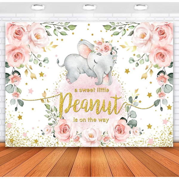 Babyflicka Elefant Baby Shower Bakgrund Rosa Blommig Söt Bakgrund Rosa Elefant Foto Banner för Festdekorationer 7x5ft