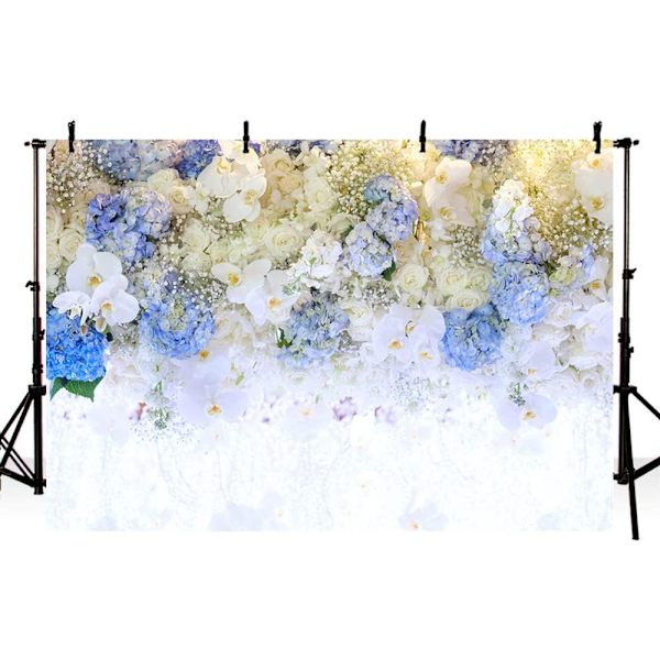 7x5ft Forårsblå og hvide blomster Valentinsdag Fotografi Baggrund Blomstermur Fødselsdag Brudebruser Bryllup Baggrund Dessertbord Dekoration